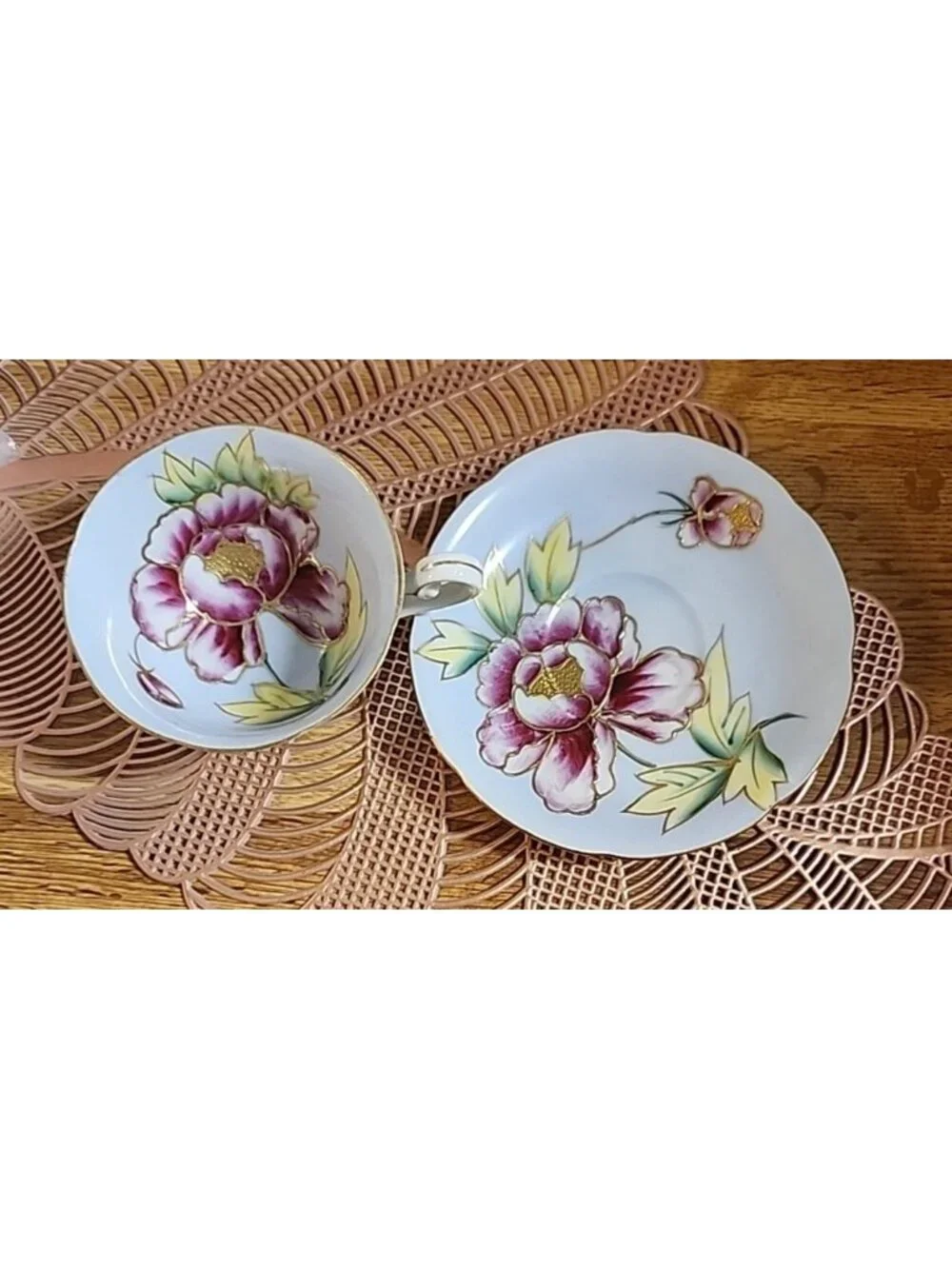 Hand Painted Gold Tea Cup & Saucer Set Vintage Bone China Blue Pink Porcelain